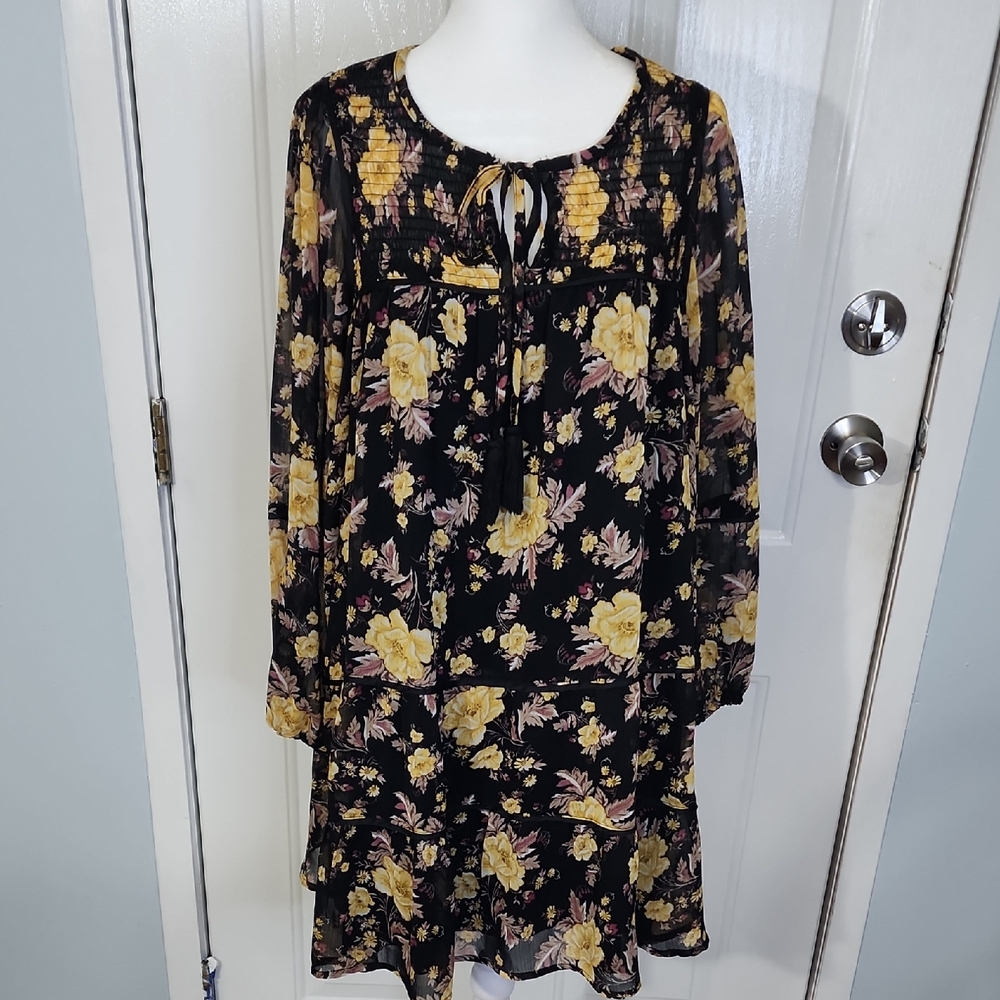 Laurel Grey Black Dress with Yellow Floral Design